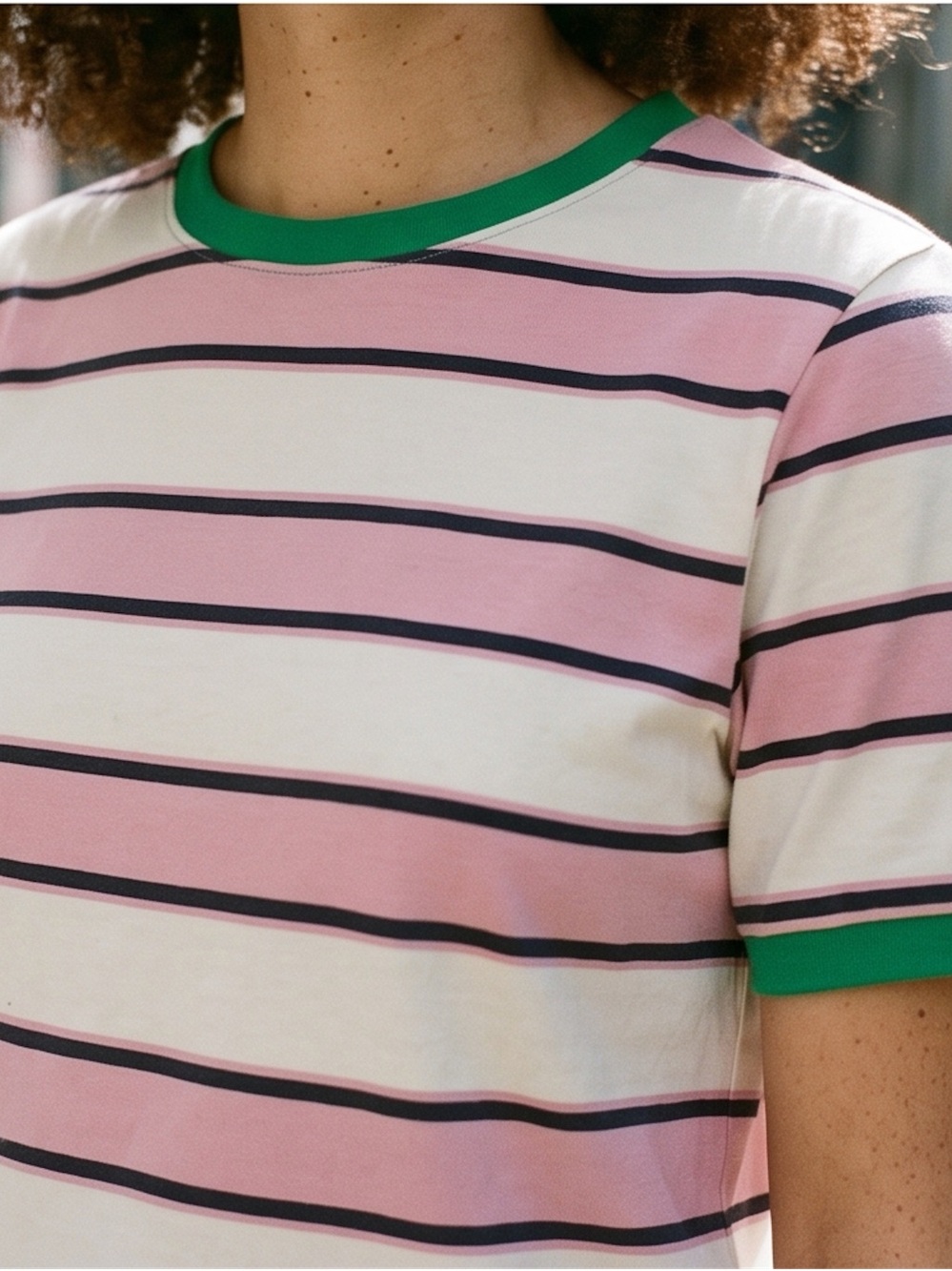 Girls' Striped Short Sleeve Tee in Pink, Cream & Green Trim
